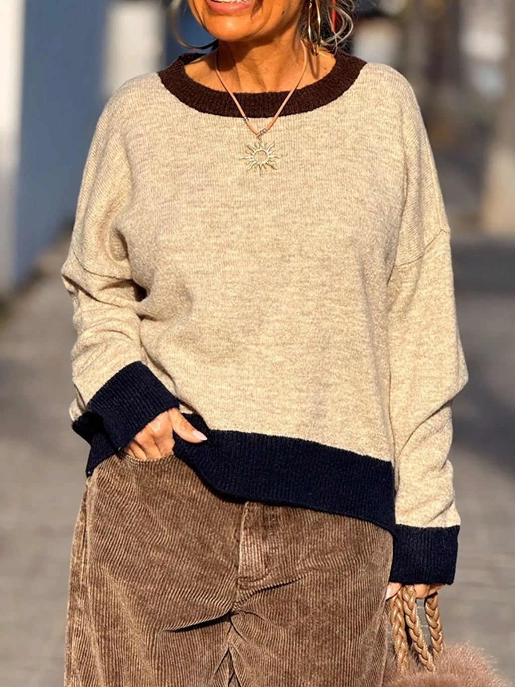 Contrast Trim Crew Neck Sweater