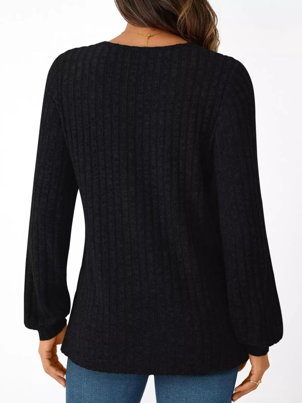 Ribbed Knit V-neck Long Sleeve T-shirt (15)