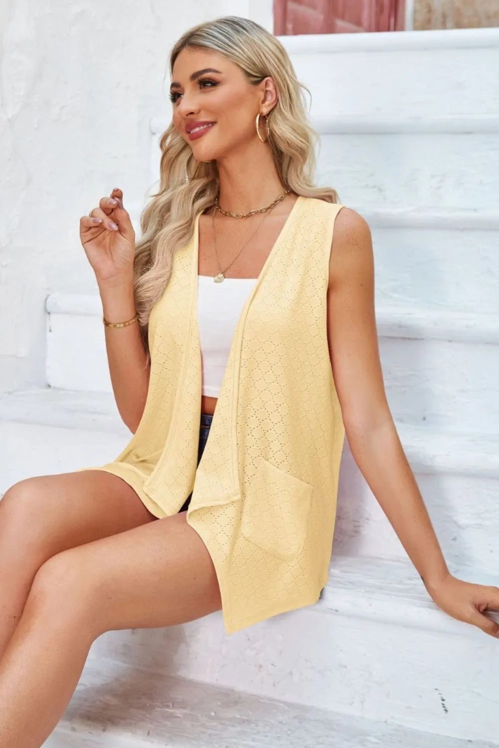 Eyelet Open Front Sleeveless Cardigan (15)