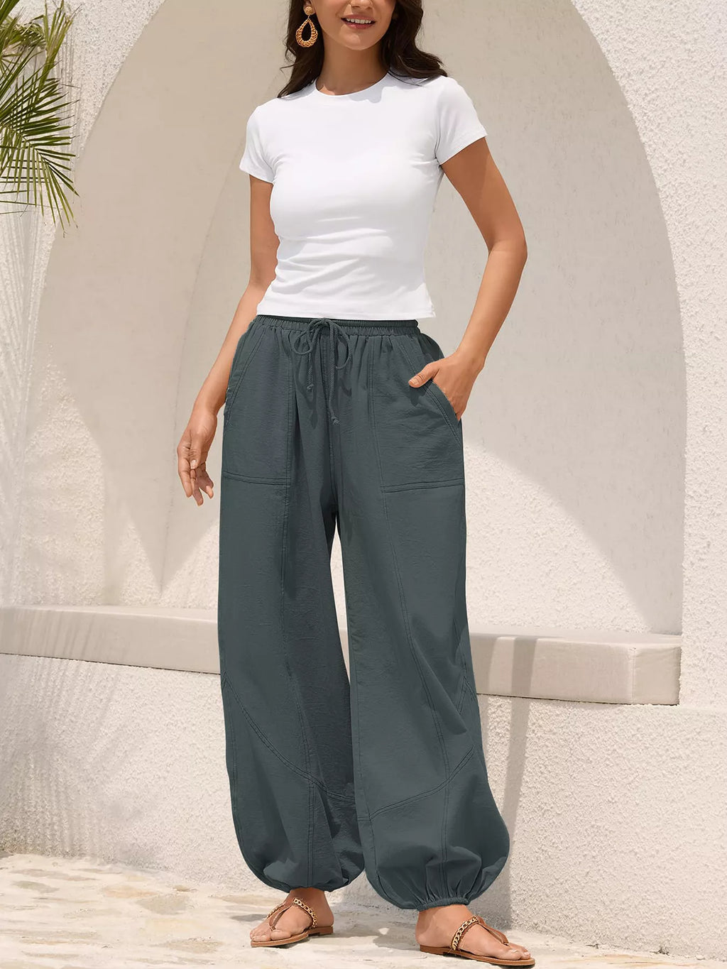 Casual Loose Fit Drawstring Waist Harem Joggers (3)
