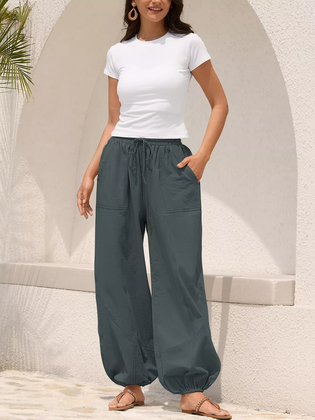 Casual Loose Fit Drawstring Waist Harem Joggers (3)