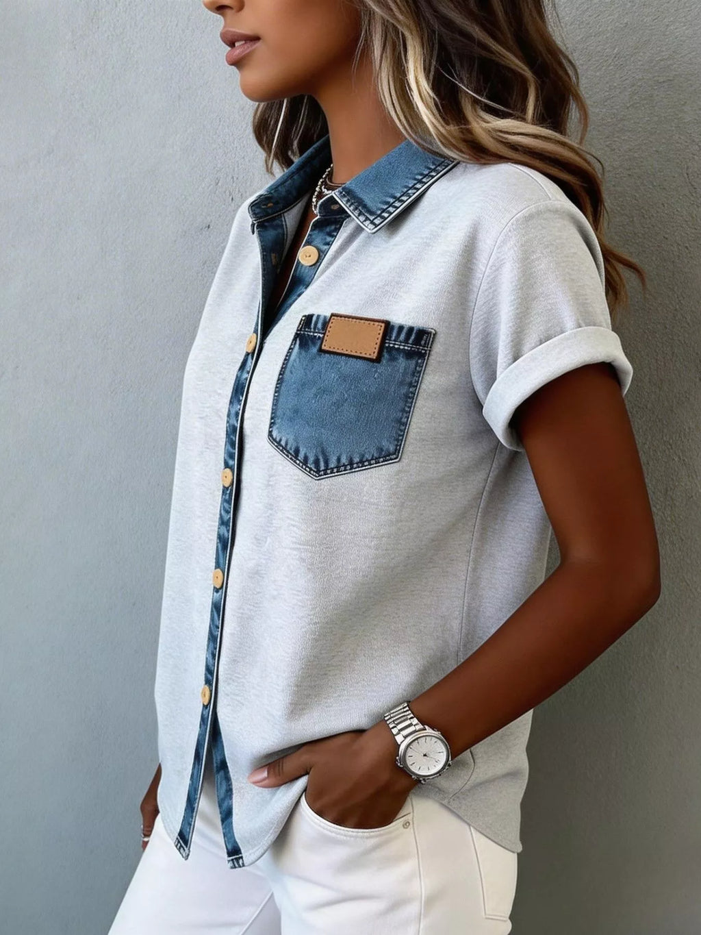 Denim Trim Short Sleeve Shirt (2)