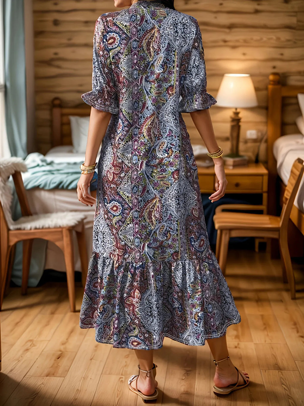Full Size Bohemian Paisley Print Ruffle Hem Midi Dress Plus (5)