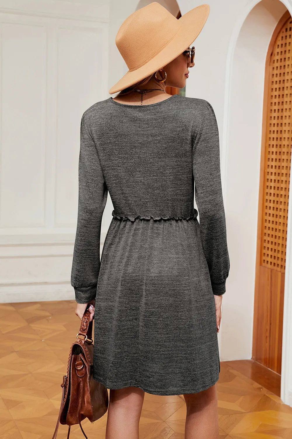 Frill Square Neck Long Sleeve Dress (12)
