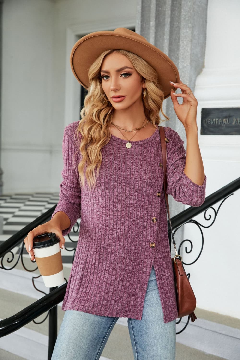 Buttoned Long Sleeve Slit Top (3)