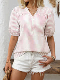 Striped Notched Puff Sleeve Blouse (11)