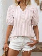 Striped Notched Puff Sleeve Blouse (11)