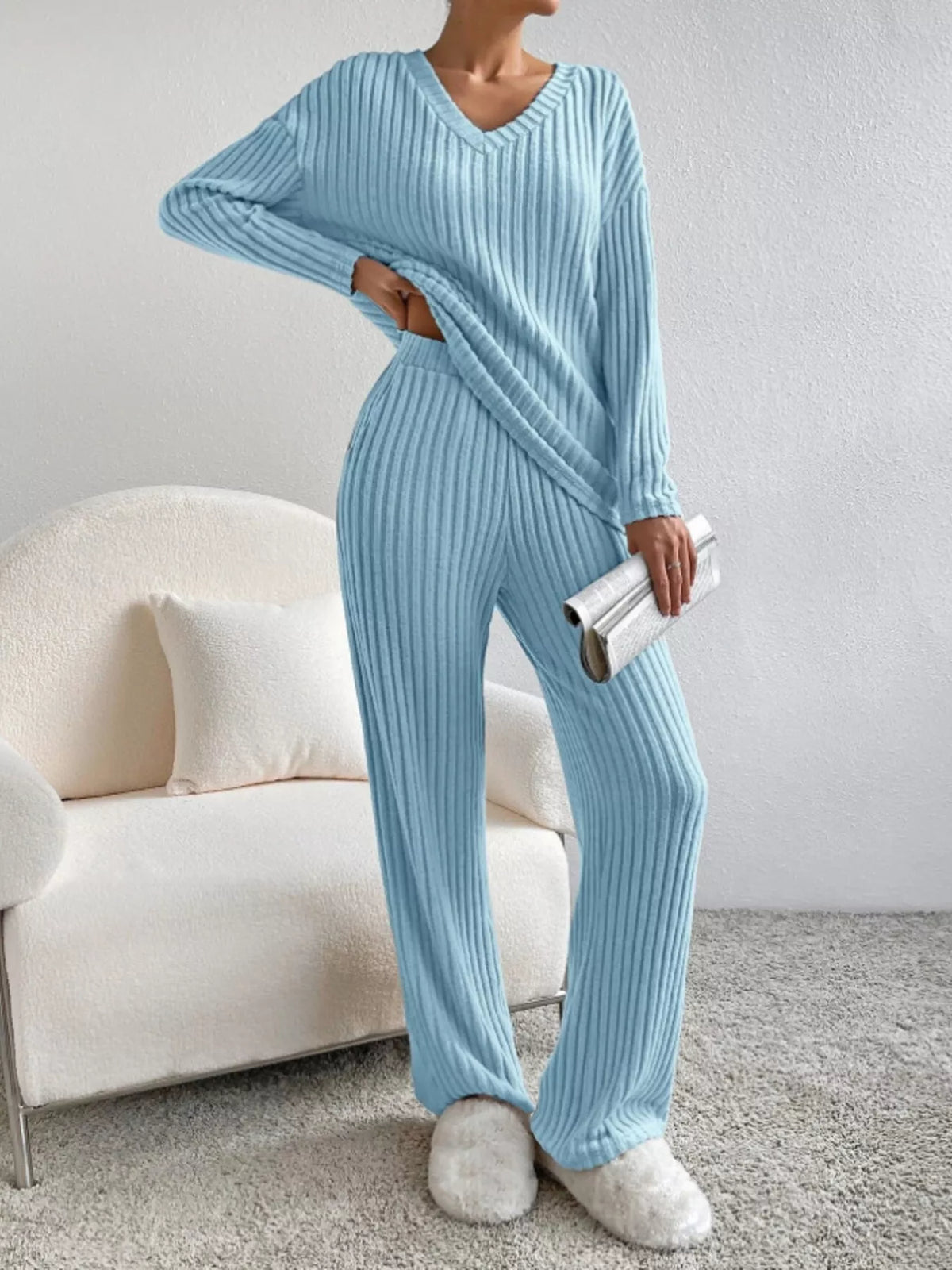 Ribbed Knit Long Sleeve Top Pants Set (12)