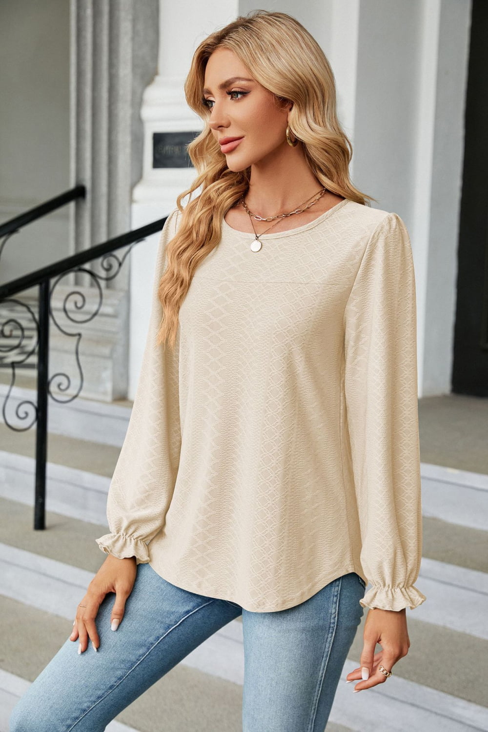 Round Neck Flounce Sleeve Blouse (11)