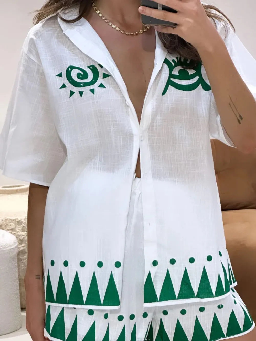 Printed Button Down Shirt Shorts Set (10)