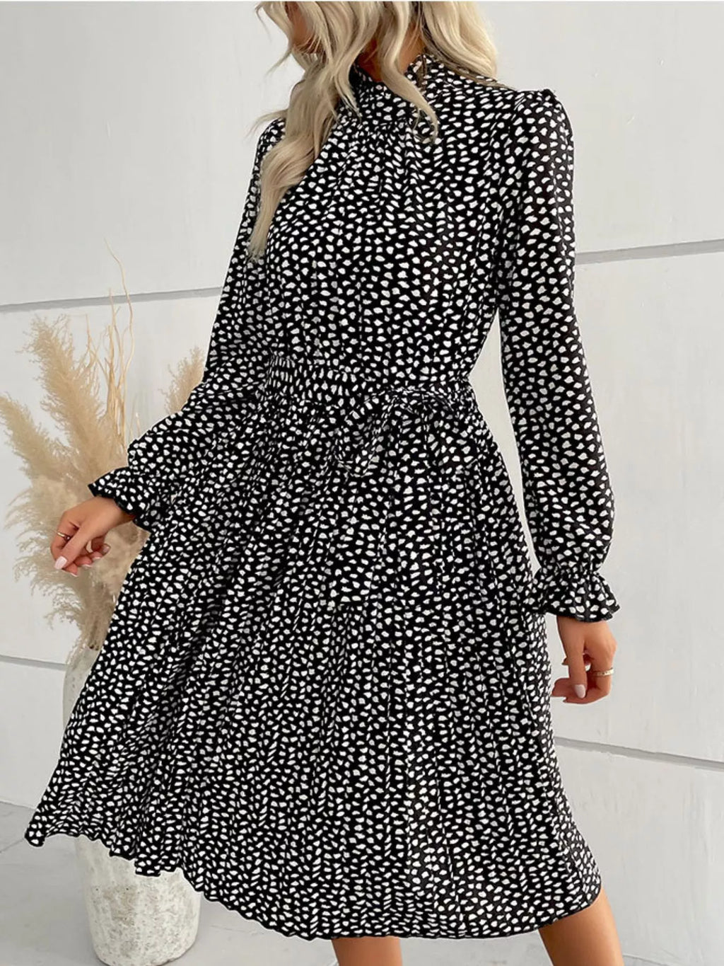 Animal Print Mock Neck Flounce Sleeve Dress (7)