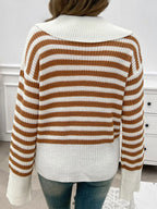 Striped Collared Neck Long Sleeve Sweater (2)