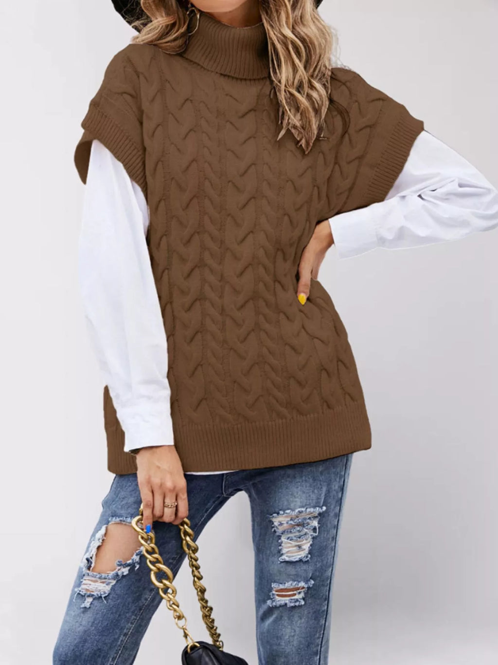 Chunky Knit Turtleneck Cap Sleeve Sweater (9)
