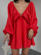 Deep V-neck Balloon Sleeve Dress (15)