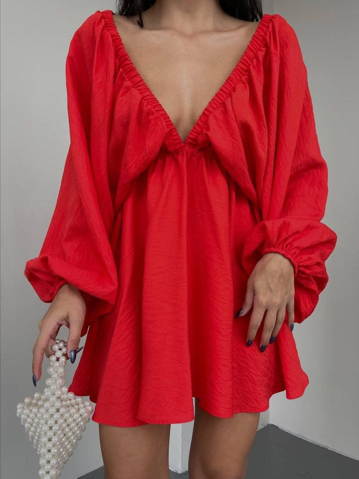 Deep V-neck Balloon Sleeve Dress (15)