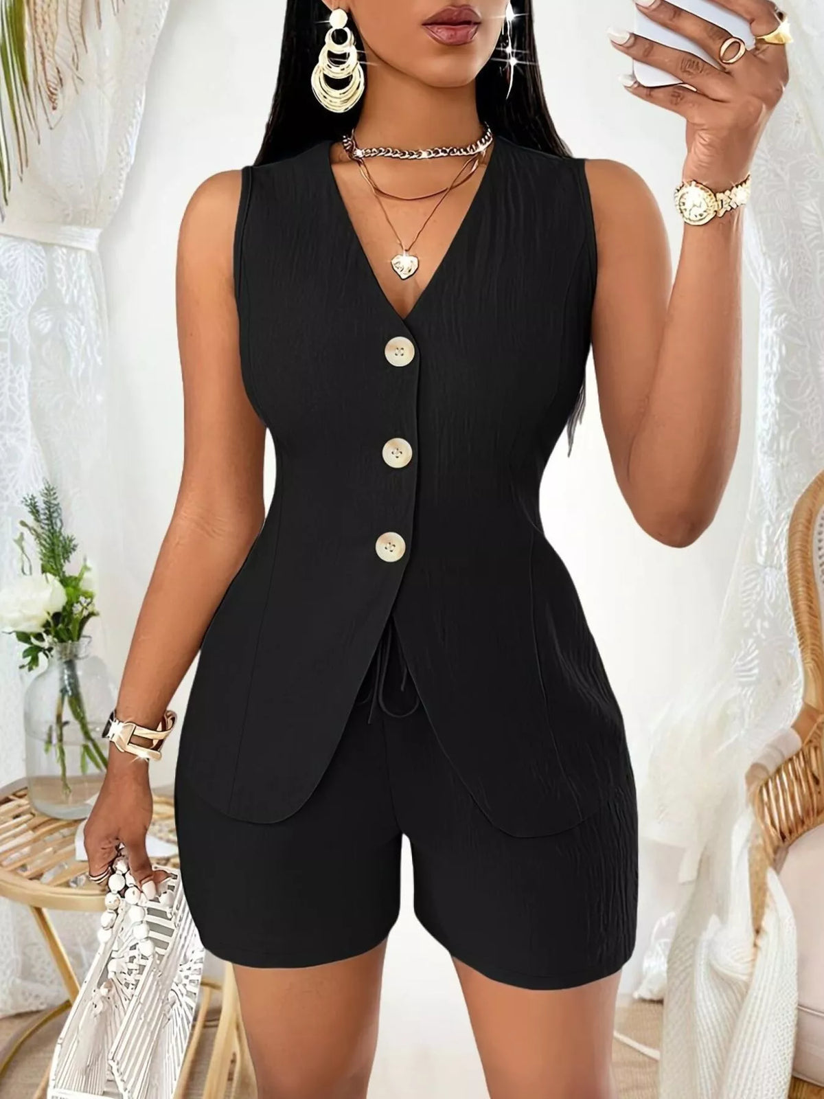 Sleeveless Button-down Vest Shorts Set (4)