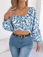 Floral Balloon Sleeve Square Neck Crop Blouse (11)
