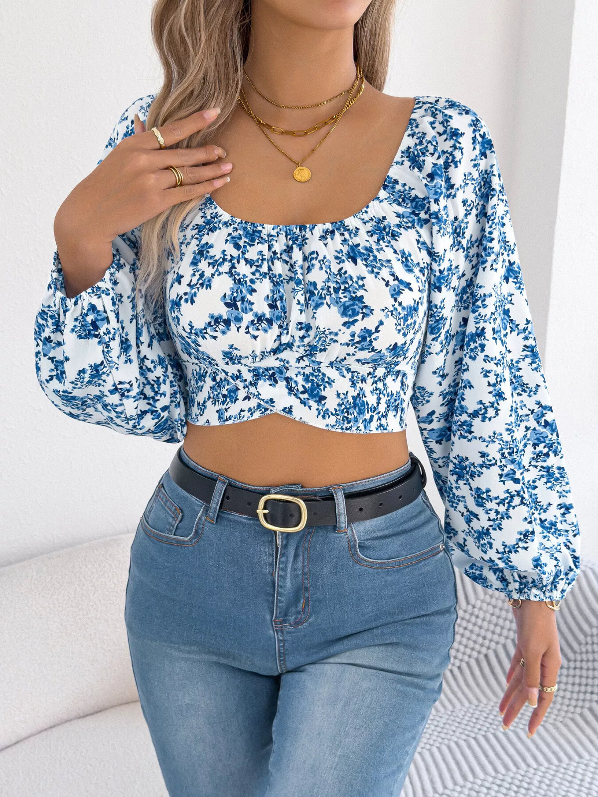 Floral Balloon Sleeve Square Neck Crop Blouse (11)