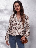 Ruched Printed V-neck Long Sleeve Blouse (28)