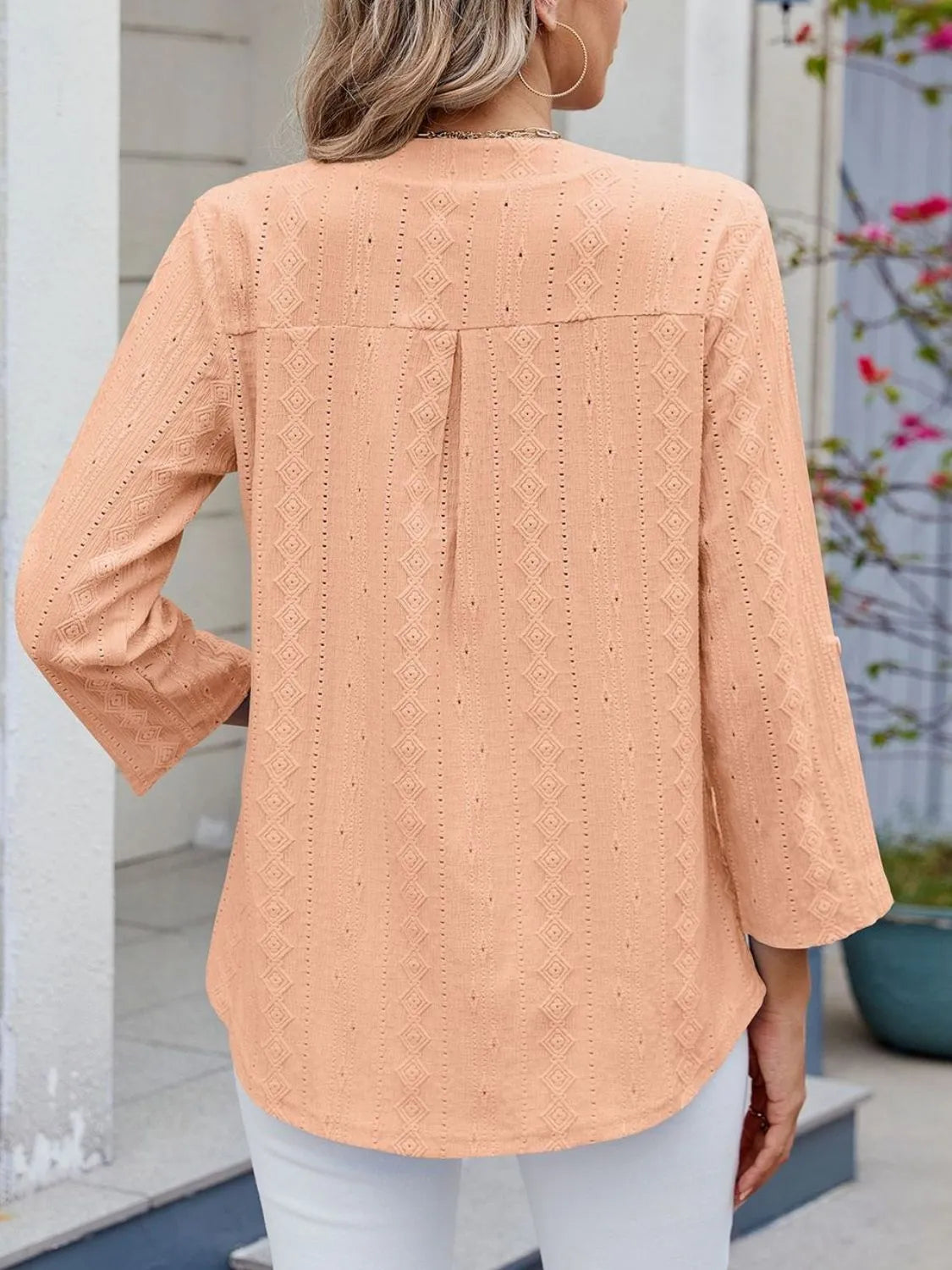 Eyelet Notched Roll-tab Sleeve Top (27)