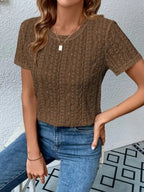Eyelet Round Neck Short Sleeve T-shirt (10)