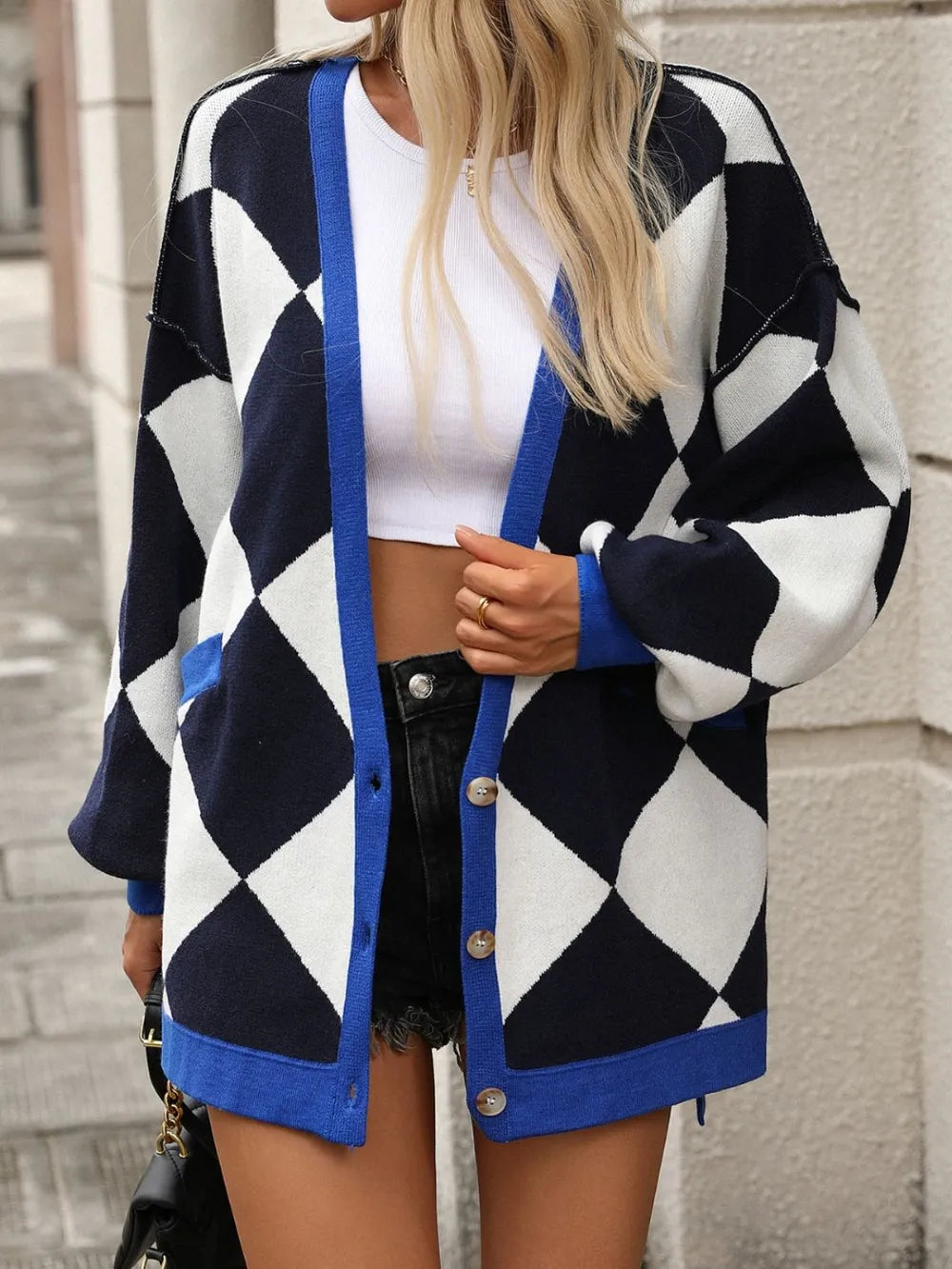 Checkered Dropped Shoulder Long Sleeve Cardigan (12)
