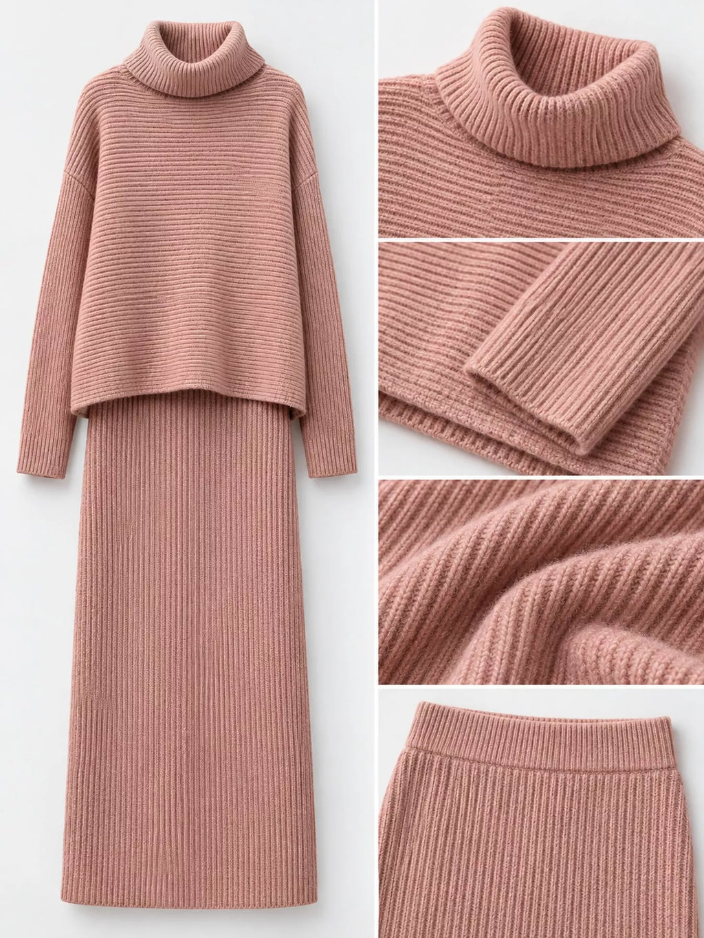 Ribbed Turtleneck Sweater Set Matching Midi Skirt (10)