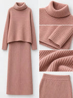 Ribbed Turtleneck Sweater Set Matching Midi Skirt (10)