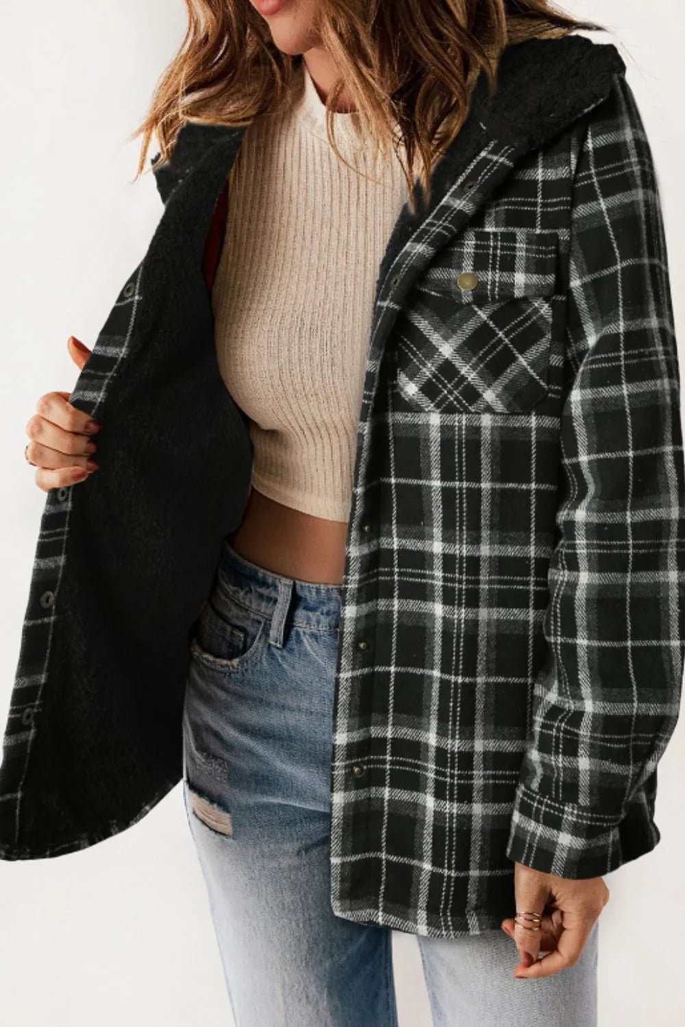 Plaid Button Up Long Sleeve Hooded Jacket (15)