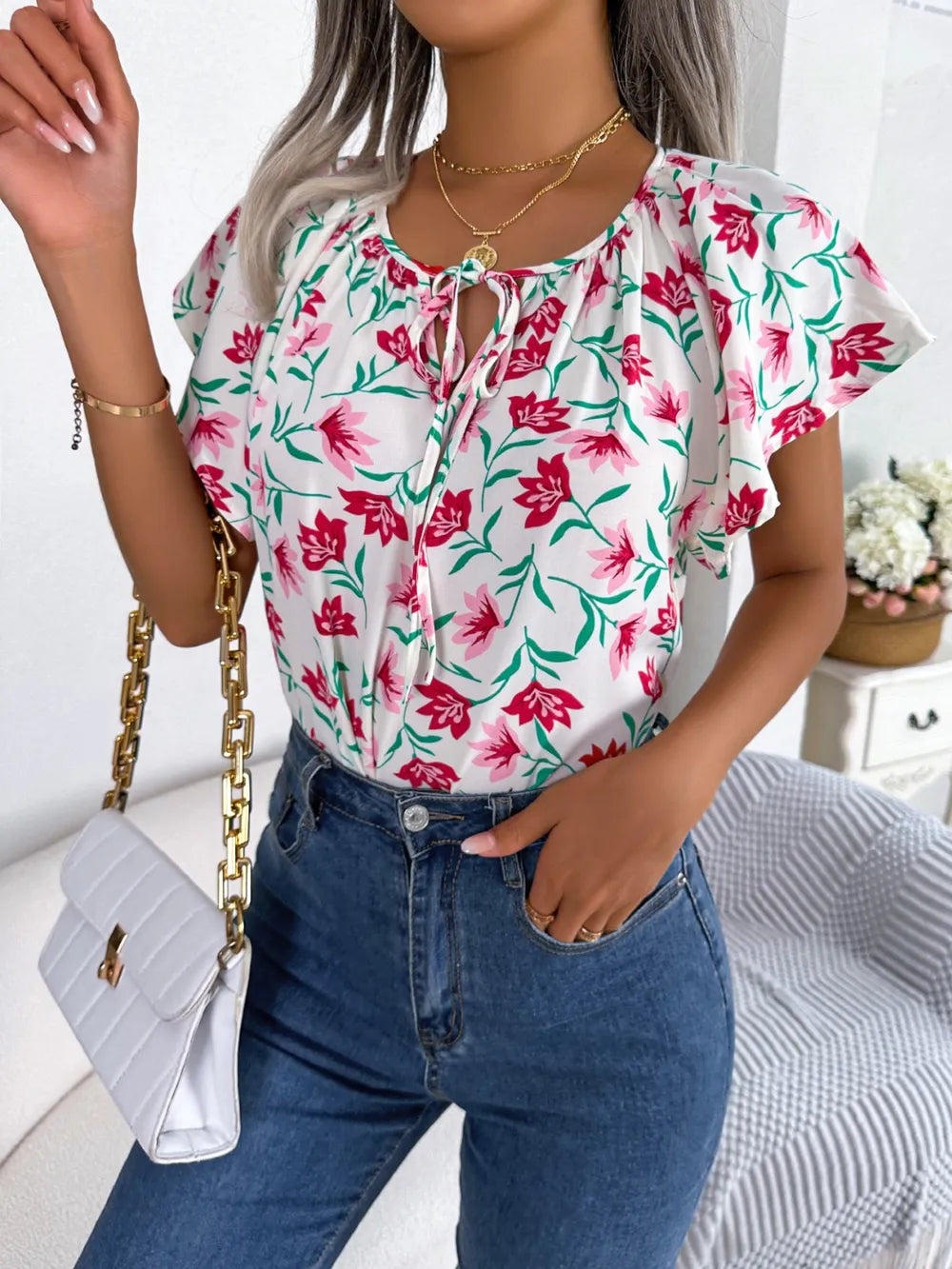 Floral Tie Neck Flutter Sleeve Blouse (15)