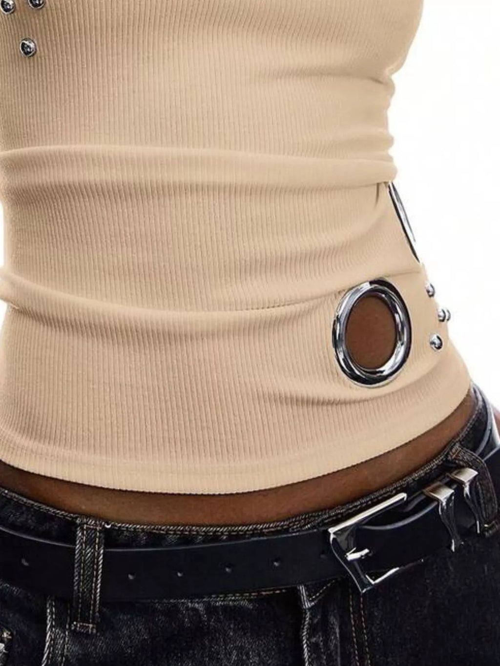 Ribbed Tank Top Metal Grommet Cutouts Stud Embellishments (15)