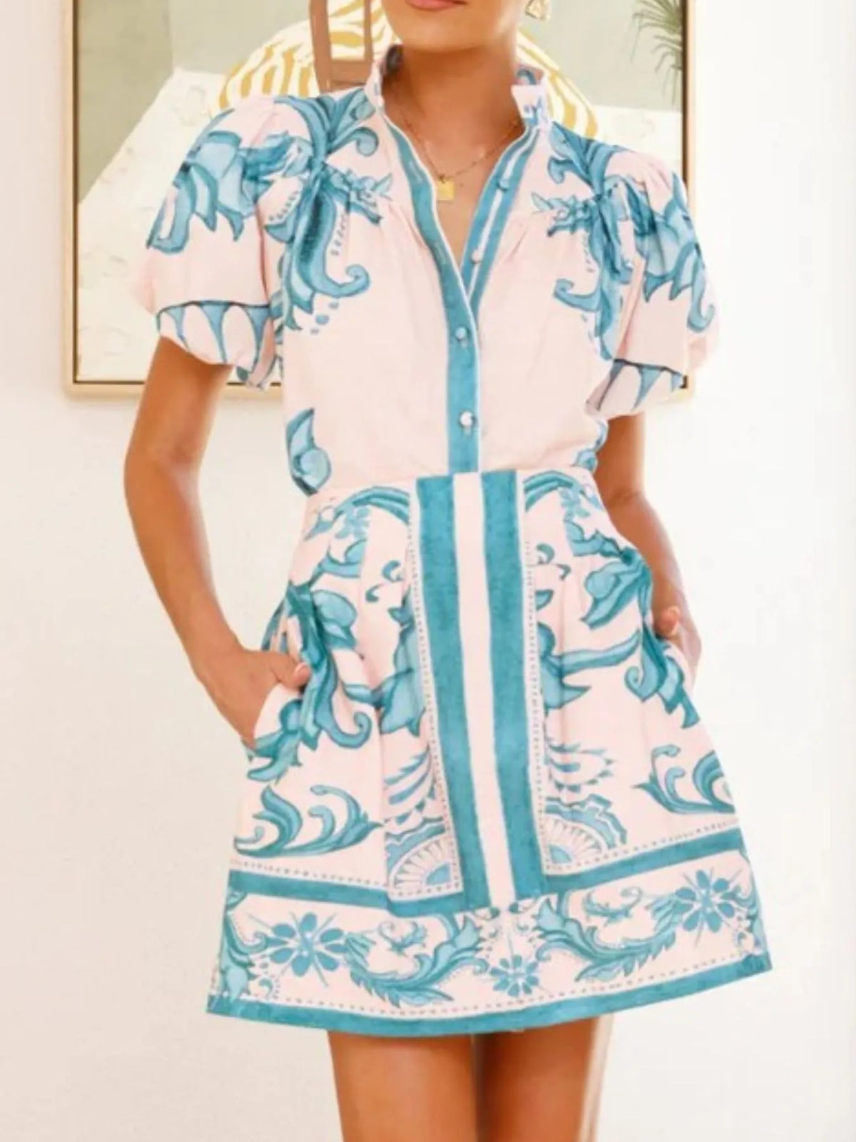 Printed Puff Sleeve Top Skirt Set (8)