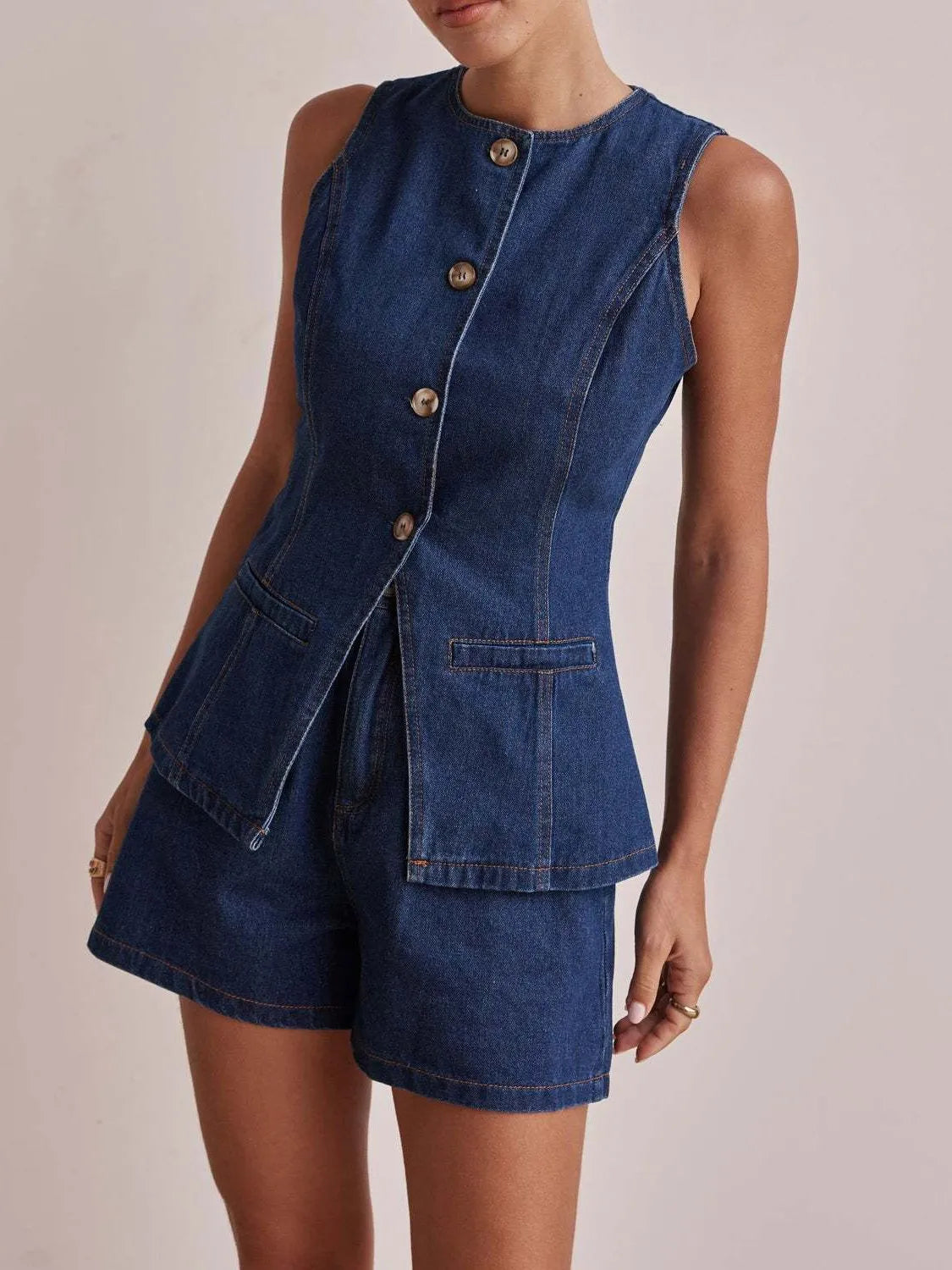 Button Down Vest Shorts Denim Set (2)