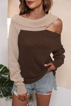 Asymmetrical Long Sleeve Two-tone Cutout Sweater (3)
