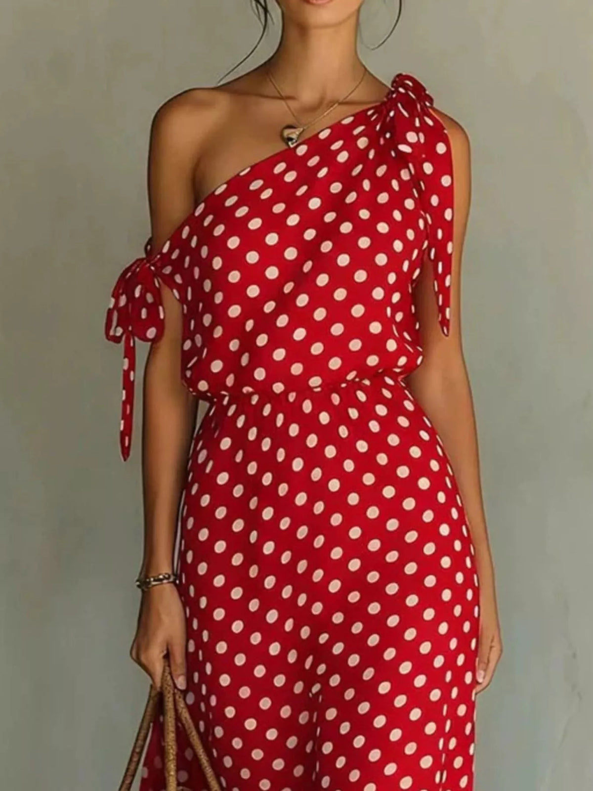 Full Size Polka Dot One-shoulder Maxi Dress Tie Details Plus (7)