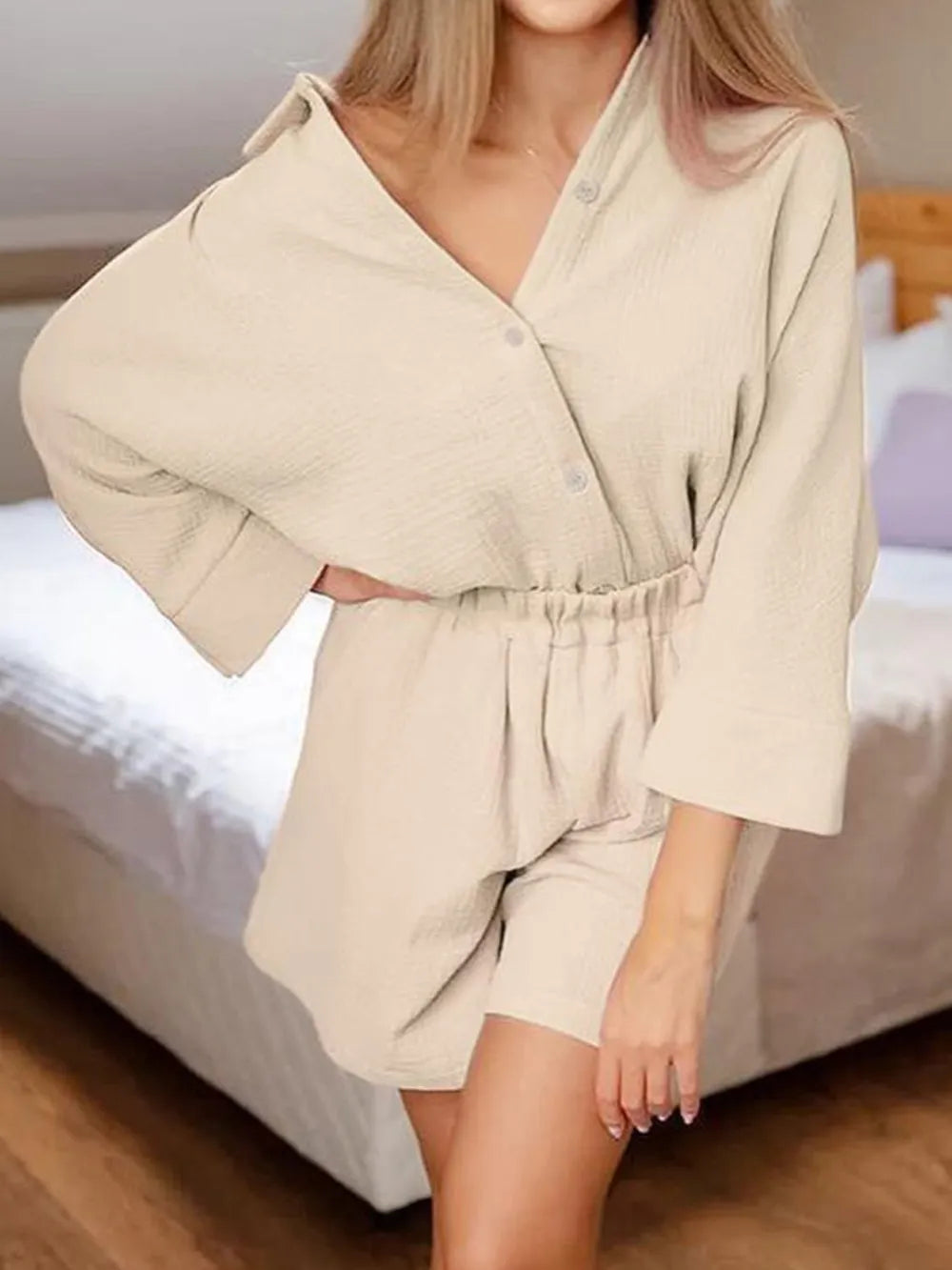 Texture Button Up Shirt Shorts Set (16)
