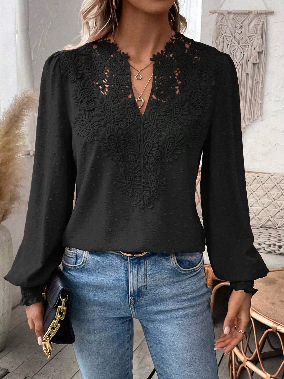 Swiss Dot Lace Detail Long Sleeve Blouse (9)