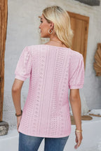 Eyelet Round Neck Short Sleeve Blouse (14)
