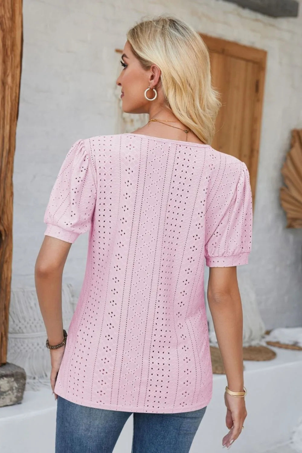 Eyelet Round Neck Short Sleeve Blouse (14)