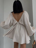 Deep V-neck Balloon Sleeve Dress (5)