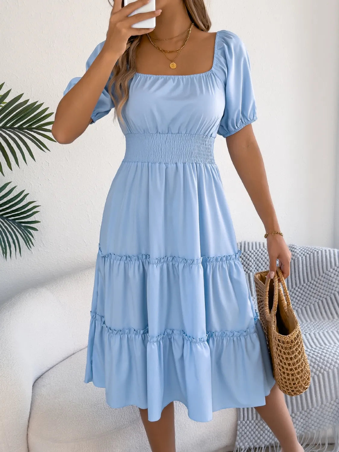 Square Neck Short Puff Sleeve Dress (2)
