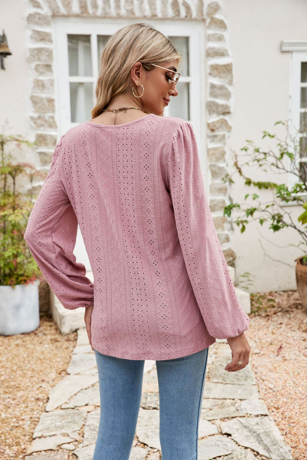 Eyelet Notched Neck Balloon Sleeve Blouse (6)