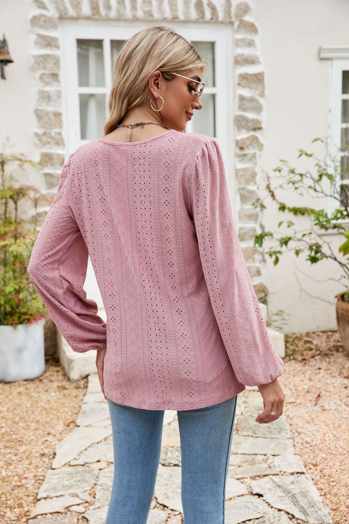Eyelet Notched Neck Balloon Sleeve Blouse (6)