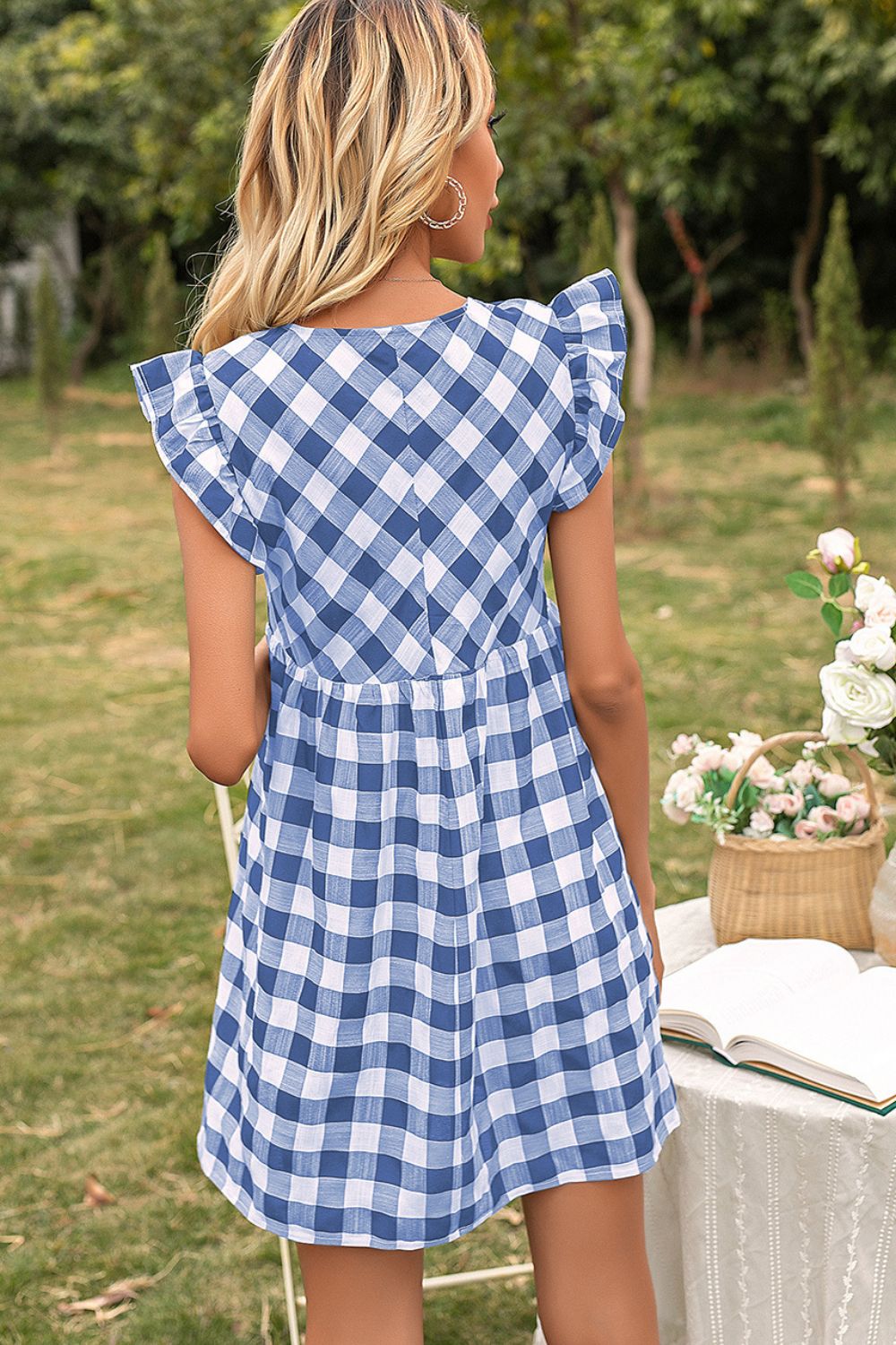 Plaid Butterfly Sleeve Deep V Dress (6)