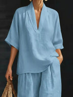 Full Size Half Sleeve Top Wide Leg Pants Set Plus (2)