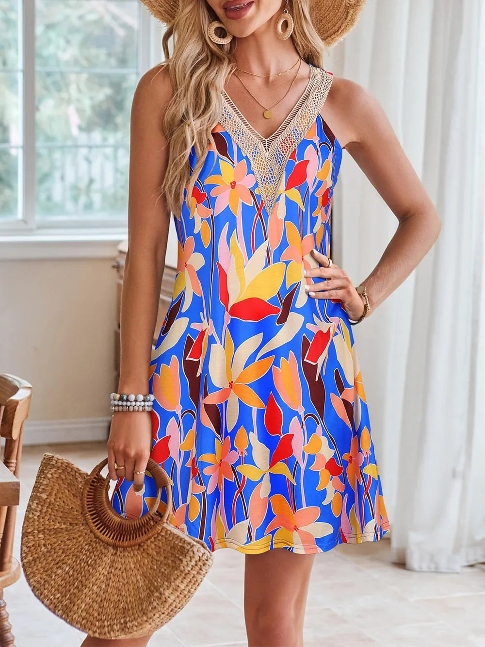 Lace Detail Printed V-neck Sleeveless Dress (16)