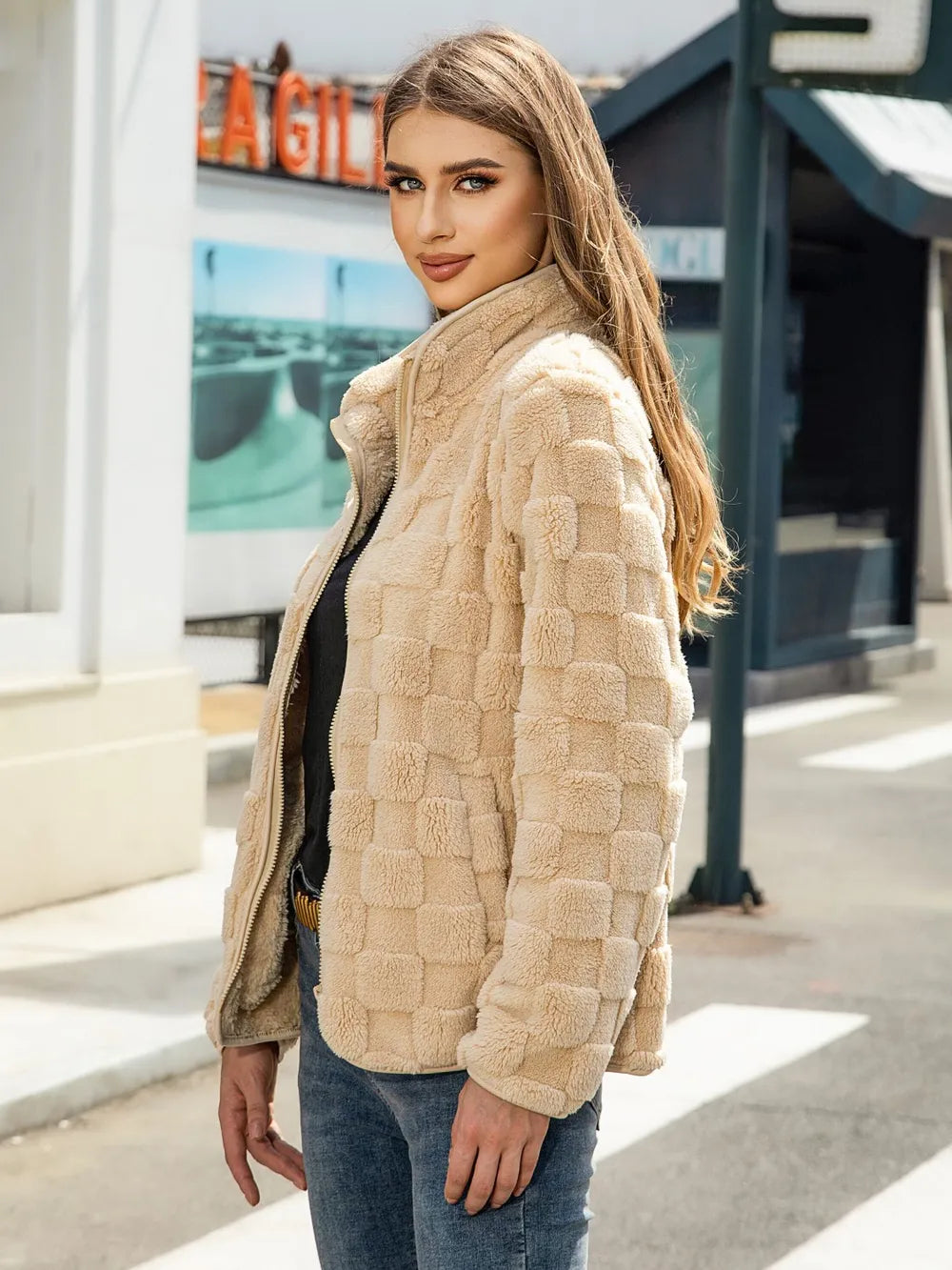Fuzzy Checkered Zip Up Jacket (3)