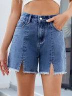 Raw Hem Slit Denim Shorts (8)