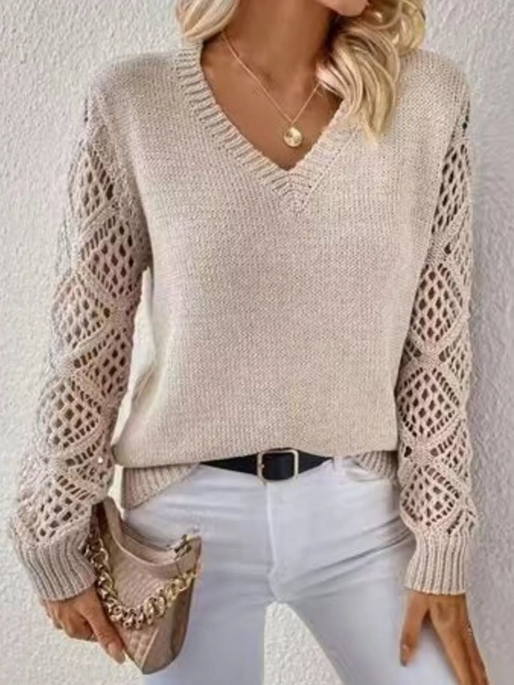 V-neck Hollow-out Sleeve Knit Sweater (2)