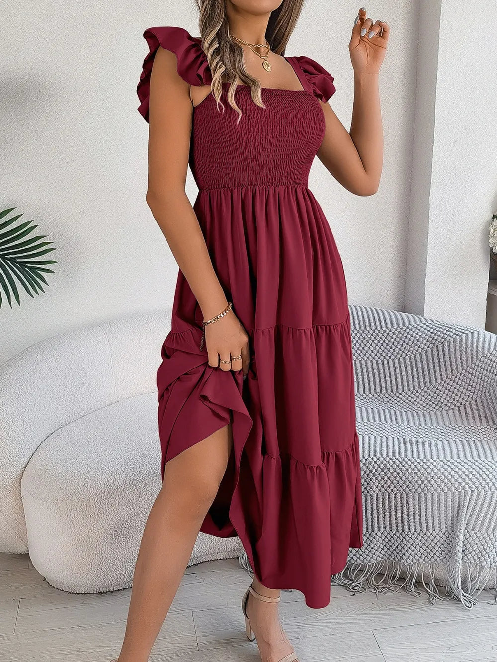 Smocked Square Neck Cap Sleeve Midi Dress (20)